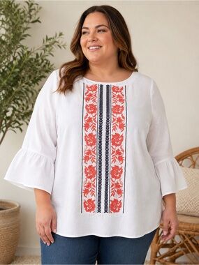 Charter Club 2X Linen Cotton Embroidered Tunic Top White Coral Plus Size